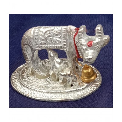 M.K.EXPORT Silver Metal Kamdhenu Cow and Calf Idols Hindu God Mandir Puja Purpose