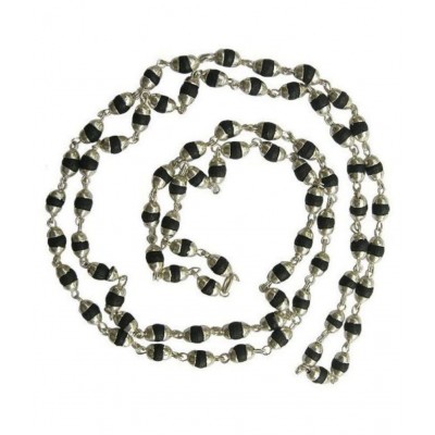 Malabar Gems Natural Black Tulsi Beads in Silver Cap Rosary Japa Mala