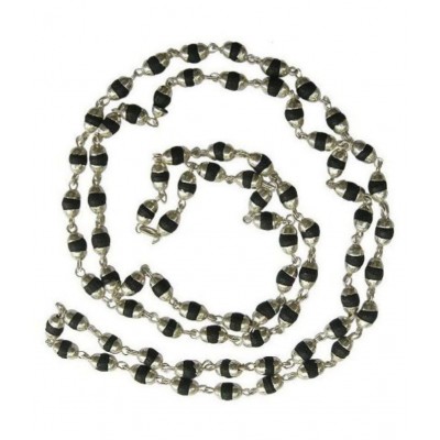 Malabar Gems Natural Black Tulsi Beads in Silver Cap Rosary Japa Mala
