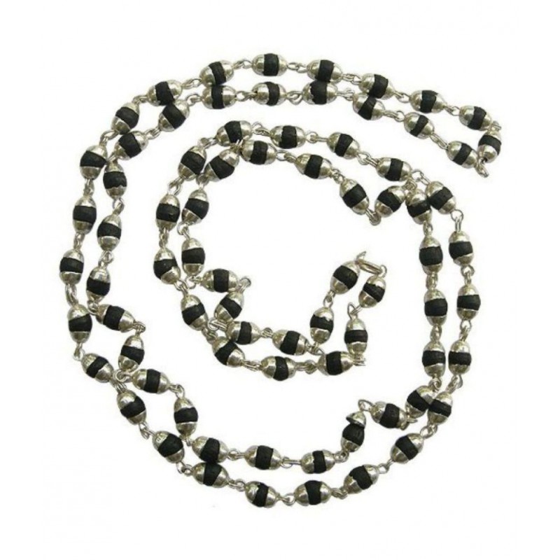 Malabar Gems Natural Black Tulsi Beads in Silver Cap Rosary Japa Mala
