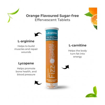 Mojocare FIZZ L-Arginine Effervescent Tablets - 10pc (Pack of 2), Sugar Free Orange Flavor, Supports Pump & Endurance, Sugarfree Endurance Supplement, Pre-workout supplement for recovery