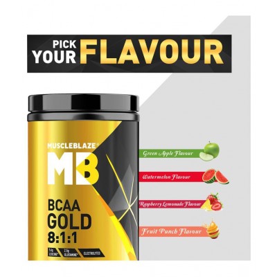 MuscleBlaze BCAA Gold 8:1:1 with Higher Leucine, Electrolytes, Glutamine (Green Apple, 450 g / 0.99 lb, 30 Servings)