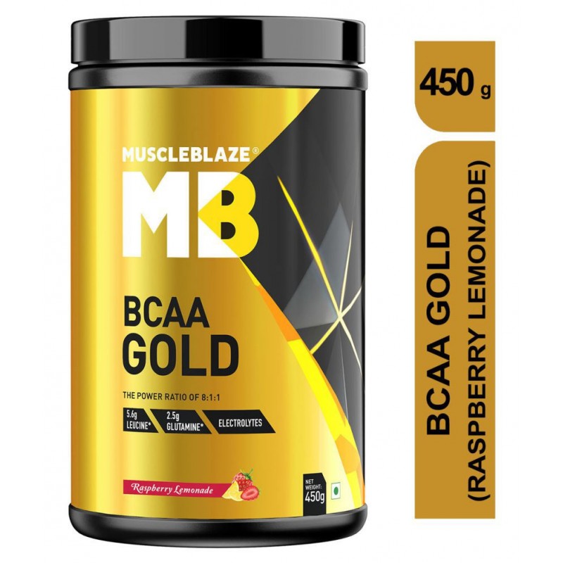MuscleBlaze BCAA Gold 8:1:1 with Higher Leucine, Electrolytes, Glutamine (Raspberry Lemonade, 450 g / 0.99 lb, 30 Servings)