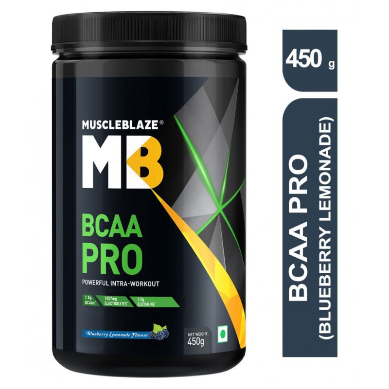 MuscleBlaze BCAA Pro, Intra Workout, 7g Vegan BCAAs, 2.50 g Glutamine & Electrolytes ((Blueberry Lemonade, 450 g, 30 Servings)