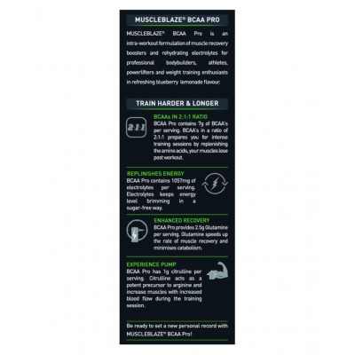 MuscleBlaze BCAA Pro, Intra Workout, 7g Vegan BCAAs, 2.50 g Glutamine & Electrolytes ((Blueberry Lemonade, 450 g, 30 Servings)