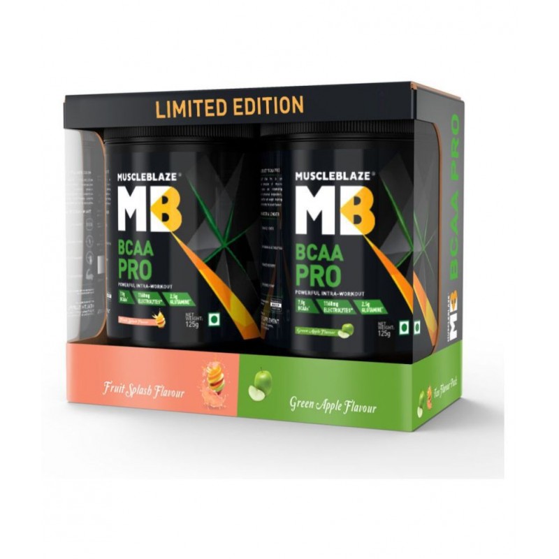 MuscleBlaze BCAA Pro, Intra Workout, 7g Vegan BCAAs, Glutamine & Electrolytes (Fruit Splash & Green Apple, 250 g, 16 Servings)