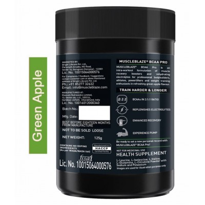 MuscleBlaze BCAA Pro, Intra Workout, 7g Vegan BCAAs, Glutamine & Electrolytes (Fruit Splash & Green Apple, 250 g, 16 Servings)