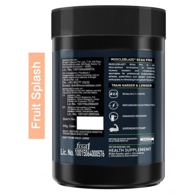 MuscleBlaze BCAA Pro, Intra Workout, 7g Vegan BCAAs, Glutamine & Electrolytes (Fruit Splash & Green Apple, 250 g, 16 Servings)
