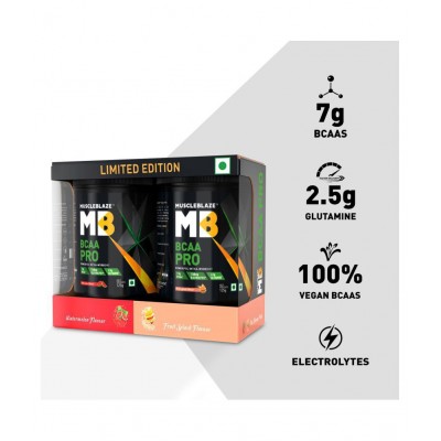 MuscleBlaze BCAA Pro, Intra Workout, with 7g Vegan BCAAs, Glutamine & Electrolytes (Watermelon & Fruit Splash, 250 g, 16 Servings)
