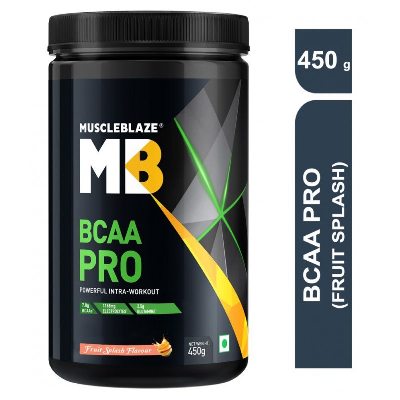 MuscleBlaze BCAA Pro, Powerful Intra Workout, 7g Vegan BCAAs, 2.50 g Glutamine & Electrolytes (Fruit Splash, 450 g, 30 Servings)