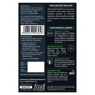 MuscleBlaze BCAA Pro, Powerful Intra Workout, 7g Vegan BCAAs, 2.50 g Glutamine & Electrolytes (Fruit Splash, 450 g, 30 Servings)