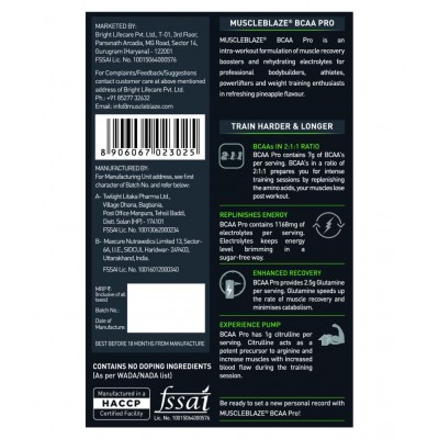 MuscleBlaze BCAA Pro, Powerful Intra Workout, with 7g Vegan BCAAs, 1057 mg Electrolytes, 2.50 g Glutamine (Pineapple, 450 g, 30 Servings)