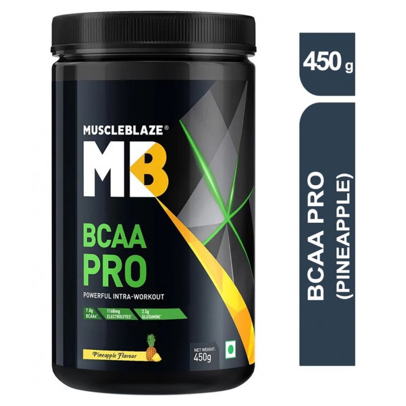 MuscleBlaze BCAA Pro, Powerful Intra Workout, with 7g Vegan BCAAs, 1057 mg Electrolytes, 2.50 g Glutamine (Pineapple, 450 g, 30 Servings)