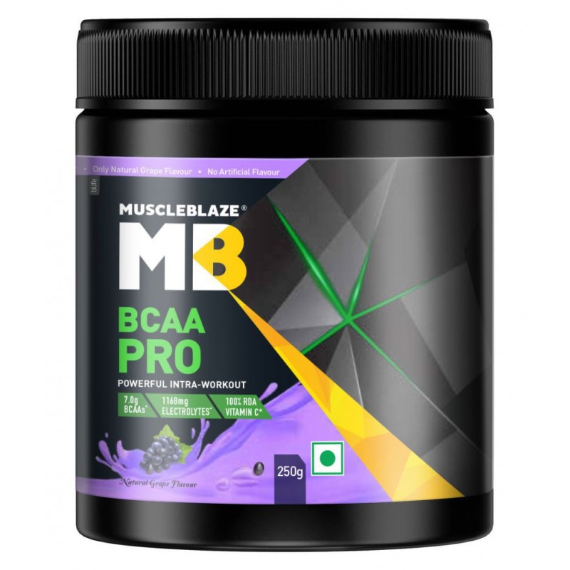 MuscleBlaze BCAA Pro, Powerful Intra Workout, with 7g Vegan BCAAs, 1168 mg Electrolytes & 100% RDA of Vitamin C (Natural Grape, 250 g, 16 Servings)
