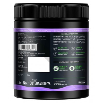 MuscleBlaze BCAA Pro, Powerful Intra Workout, with 7g Vegan BCAAs, 1168 mg Electrolytes & 100% RDA of Vitamin C (Natural Grape, 250 g, 16 Servings)
