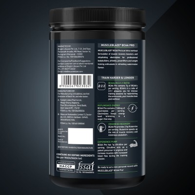 MuscleBlaze BCAA Pro, Powerful Intra Workout with 7g Vegan BCAAs, 2.50 g Glutamine & Electrolytes (Watermelon, 450 g, 30 Servings)