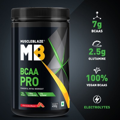MuscleBlaze BCAA Pro, Powerful Intra Workout with 7g Vegan BCAAs, 2.50 g Glutamine & Electrolytes (Watermelon, 450 g, 30 Servings)