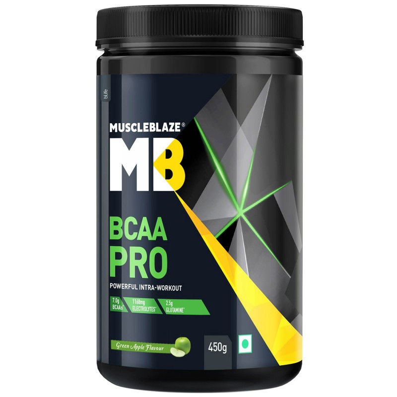 MuscleBlaze BCAA Pro, Powerful Intra Workout, with 7g Vegan BCAAs, Glutamine & Electrolytes (Green Apple, 450 g, 30 Servings)