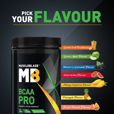 MuscleBlaze BCAA Pro, Powerful Intra Workout, with 7g Vegan BCAAs, Glutamine & Electrolytes (Green Apple, 450 g, 30 Servings)