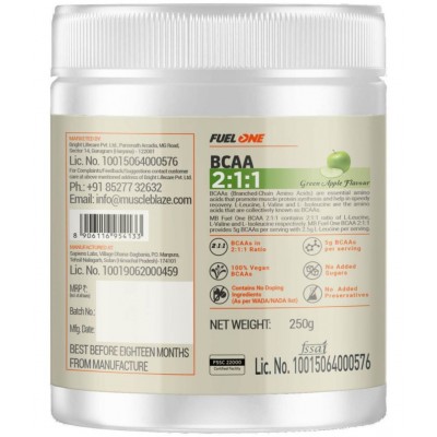 MuscleBlaze Fuel One BCAA 2:1:1, Nutrition for Performance, 5 g BCAAs (Green Apple, 200 g, 37 Servings)
