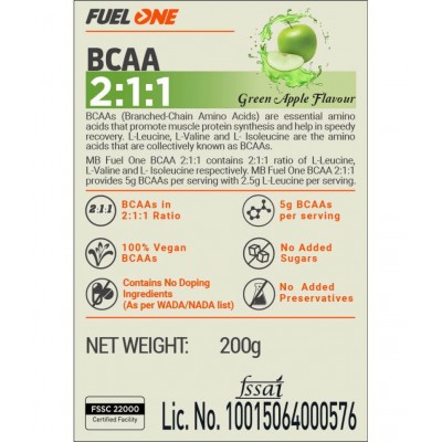 MuscleBlaze Fuel One BCAA 2:1:1, Nutrition for Performance, 5 g BCAAs (Green Apple, 200 g, 37 Servings)