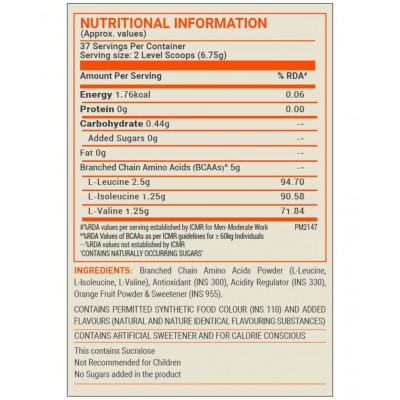 MuscleBlaze Fuel One BCAA 2:1:1, Nutrition for Performance, 5 g BCAAs (Orange Twist, 250 g / 0.55 lb, 37 Servings)