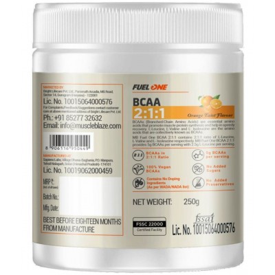 MuscleBlaze Fuel One BCAA 2:1:1, Nutrition for Performance, 5 g BCAAs (Orange Twist, 250 g / 0.55 lb, 37 Servings)