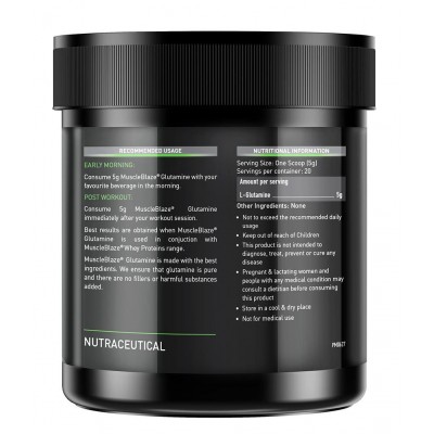 MuscleBlaze L- Glutamine, Post Workout Recovery, 5 g Glutamine (Unflavoured, 100 g, 20 Servings)
