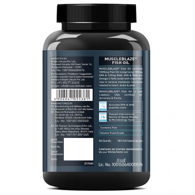 MuscleBlaze Omega 3 Fish Oil 1000 mg with 180 mg EPA and 120 mg DHA (Unflavoured, 180 Capsules)