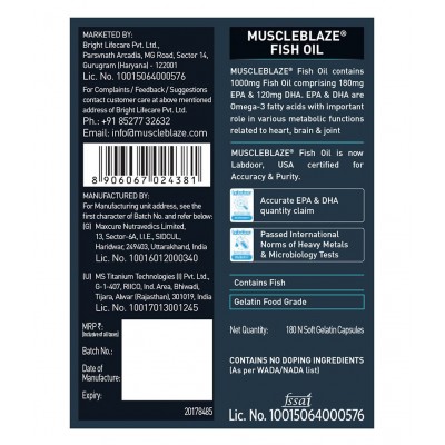 MuscleBlaze Omega 3 Fish Oil 1000 mg with 180 mg EPA and 120 mg DHA (Unflavoured, 180 Capsules)