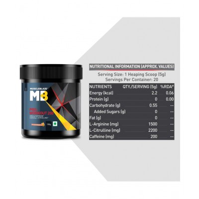 MuscleBlaze Pre Workout 200, 200mg Caffeine, 2200mg Citrulline (Fruit Splash, 100g, 20 servings)