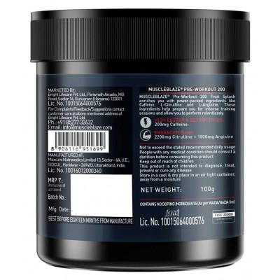 MuscleBlaze Pre Workout 200, 200mg Caffeine, 2200mg Citrulline (Fruit Splash, 100g, 20 servings)