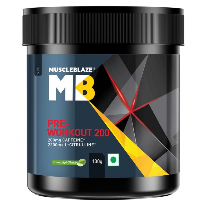 MuscleBlaze Pre Workout 200, 200mg Caffeine, 2200mg Citrulline (Green Apple, 100g, 20 servings)