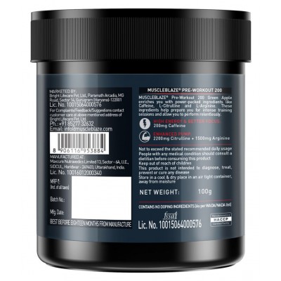 MuscleBlaze Pre Workout 200, 200mg Caffeine, 2200mg Citrulline (Green Apple, 100g, 20 servings)