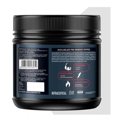MuscleBlaze Pre Workout Ripped, 4000 mg Citrulline & L-Arginine, 500 mg L-Carnitine (Green Apple, 250 g, 27 Servings)