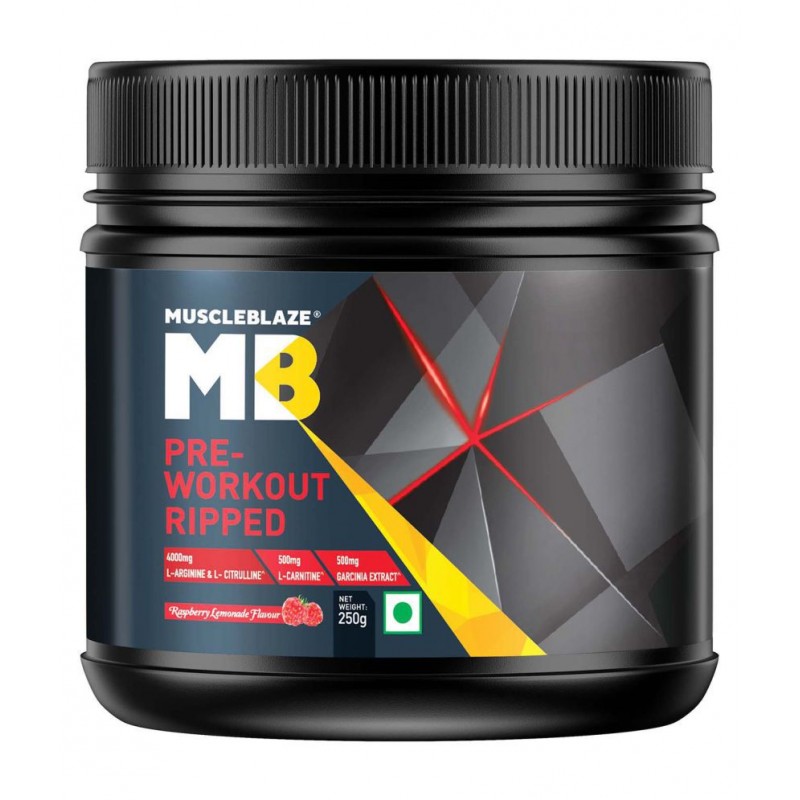 MuscleBlaze Pre Workout Ripped, 4000 mg Citrulline & L-Arginine, 500 mg L-Carnitine (Raspberry Lemonade, 250 g, 27 Servings)
