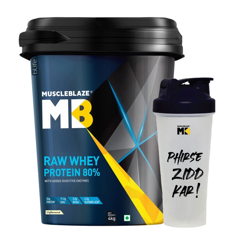 MuscleBlaze Raw Whey 80% Whey Protein Concentrate with Digestive Enzymes, Unflavoured, 4 kg/8.8 lb with Shaker, 650 ml (Combo)