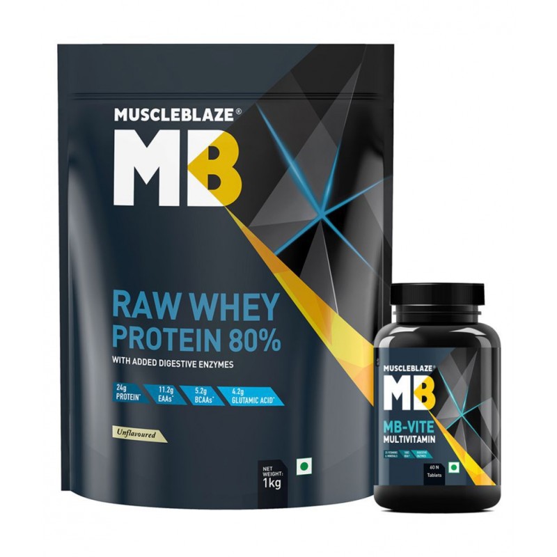 MuscleBlaze Raw Whey 80% with Digestive Enzymes, 1 kg / 2.2 lb and MB Vite, 60 Tablets (Combo Pack)