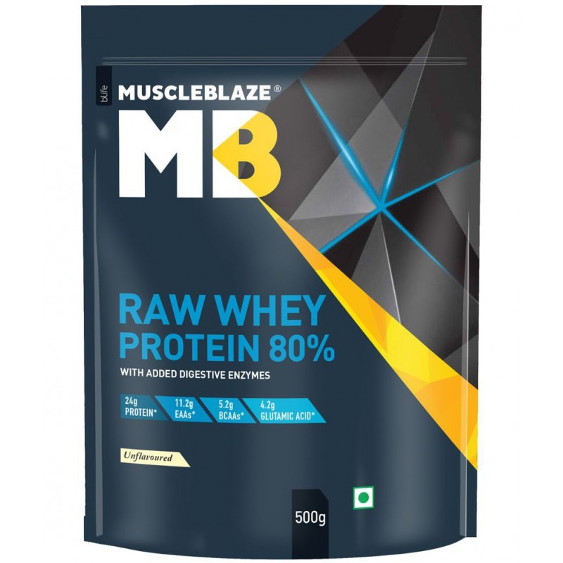 MuscleBlaze Raw Whey Protein Concentrate 80% with Added Digestive Enzymes, Labdoor USA Certified (Unflavoured, 500 g / 1.1 lb, 16 Servings)