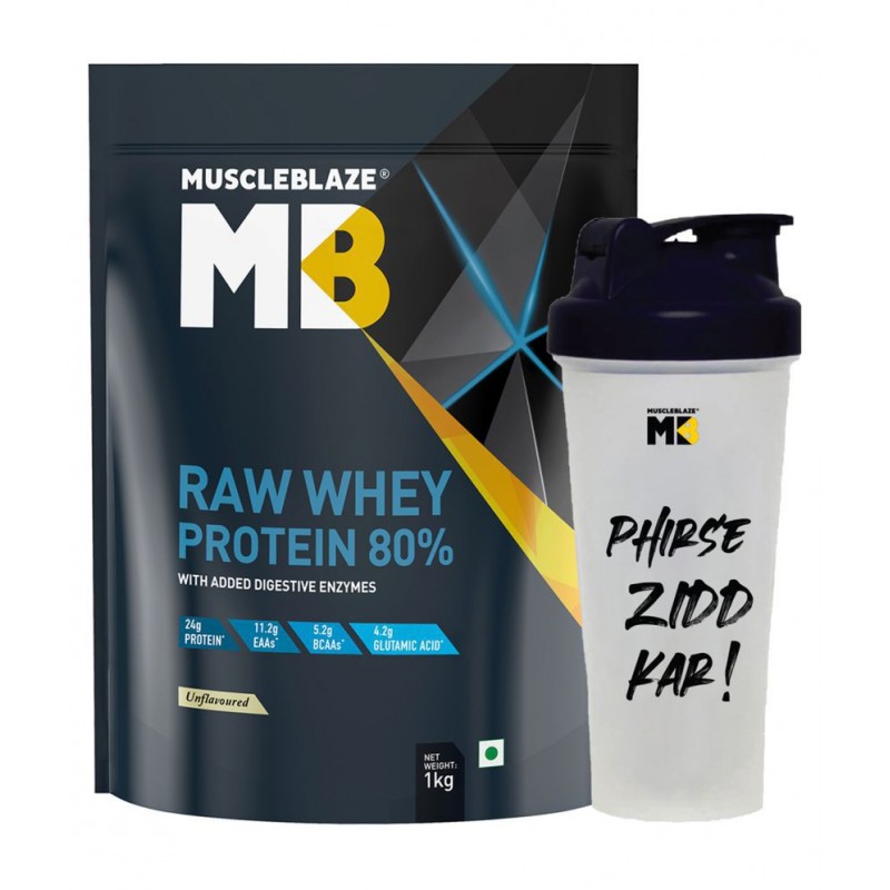 MuscleBlaze Raw Whey Protein Concentrate 80% with Added Digestive Enzymes, (Unflavoured, 1 kg) with Shaker, 650 ml (Combo Pack)