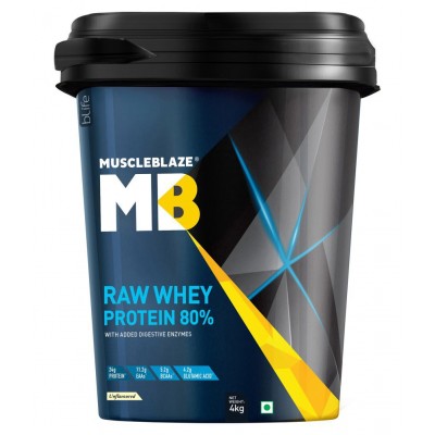 MuscleBlaze Raw Whey Protein Concentrate 80% with Digestive Enzymes, Labdoor USA Certified (Unflavored, 4 kg/8.8 lb, 133 Servings)