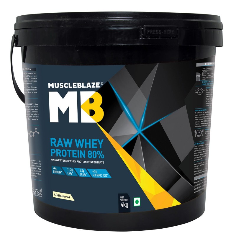 MuscleBlaze Raw Whey Protein Concentrate 80% with Digestive Enzymes, Labdoor USA Certified (Unflavored, 4 kg/8.8 lb, 133 Servings)