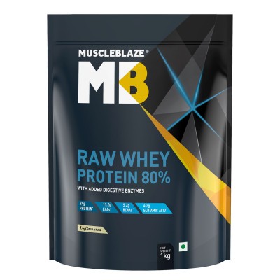 MuscleBlaze Raw Whey Protein Concentrate 80% with Digestive Enzymes, Labdoor USA Certified (Unflavoured, 1 kg/2.2 lb, 33 Servings)