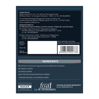 MuscleBlaze Raw Whey Protein Concentrate 80% with Digestive Enzymes, Labdoor USA Certified (Unflavoured, 1 kg/2.2 lb, 33 Servings)