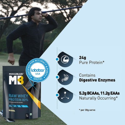 MuscleBlaze Raw Whey Protein Concentrate 80% with Digestive Enzymes, Labdoor USA Certified (Unflavoured, 1 kg/2.2 lb, 33 Servings)