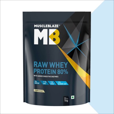 MuscleBlaze Raw Whey Protein Concentrate 80% with Digestive Enzymes, Labdoor USA Certified (Unflavoured, 1 kg/2.2 lb, 33 Servings)