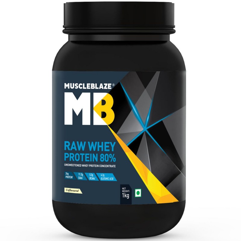 MuscleBlaze Raw Whey Protein Concentrate 80% with Digestive Enzymes, Labdoor USA Certified (Unflavoured, 1 kg/2.2 lb, 33 Servings)
