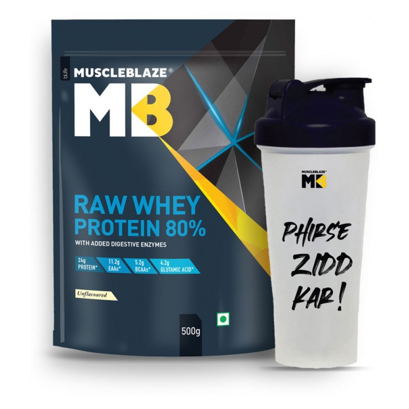 MuscleBlaze Raw Whey Protein Concentrate 80% with Shaker 500 gm