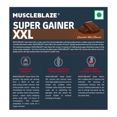 MuscleBlaze Super Gainer XXL, For Muscle Mass Gain (Chocolate Bliss, 1 Kg / 2.2 lb, 10 Servings)