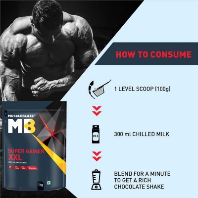 MuscleBlaze Super Gainer XXL, For Muscle Mass Gain (Cookies & Cream, 1 kg / 2.2 lb, 10 Servings)